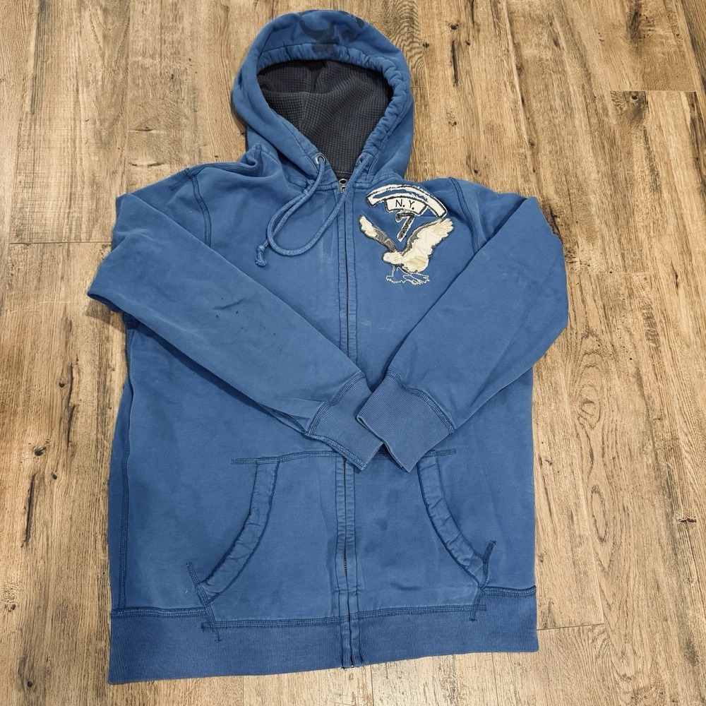 American Eagle Hoodie Mens XL Blue Full Zip Waffle Thermal Hood Sweatshirt Y2K